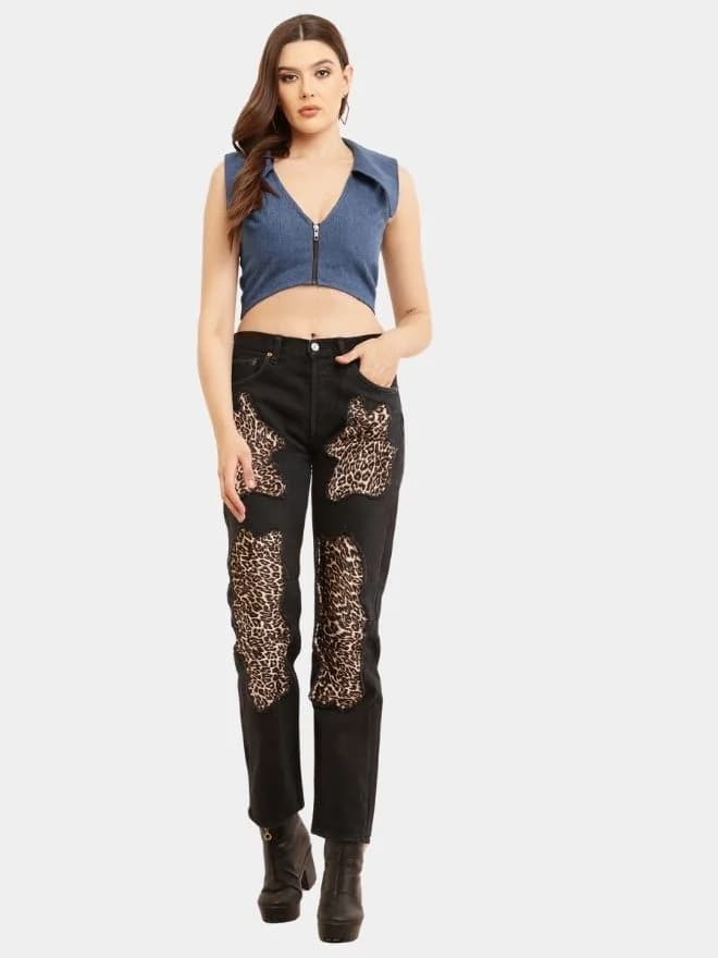 Leopard Patchwork Reworked Denim Jeans thumbnail 4