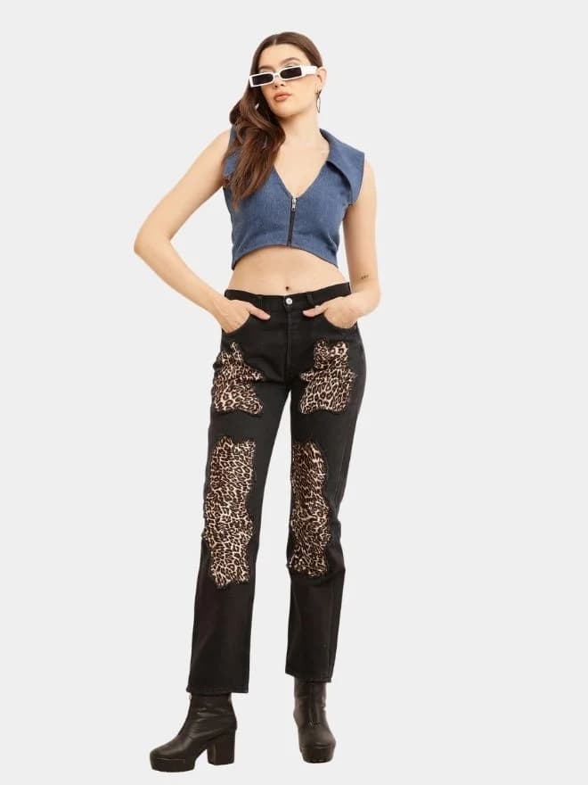 Leopard Patchwork Reworked Denim Jeans thumbnail 3