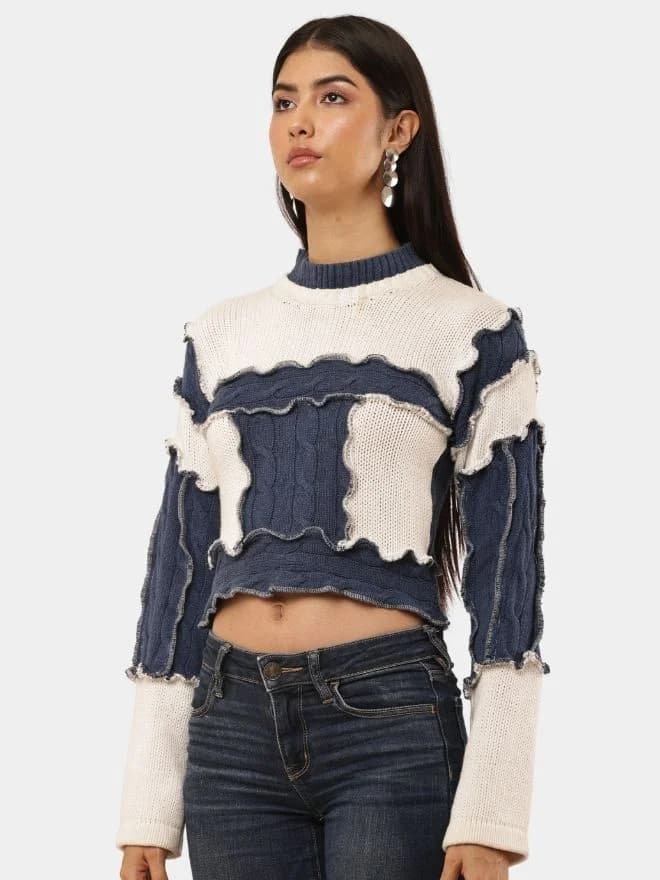 Vintage Cable Knit Crop Sweater – Blue & White Panel Design thumbnail 3