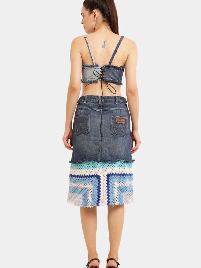 Distressed Heart Denim Top & Crochet Patchwork Skirt Set thumbnail 2