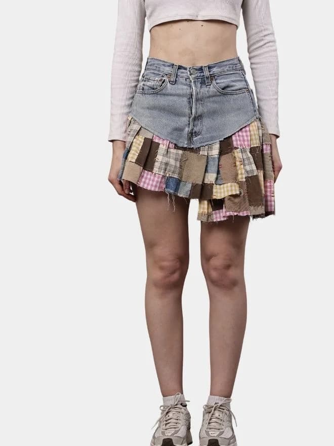 Patchwork Skirt with Gingham & Canvas Panels — image 1 of 12