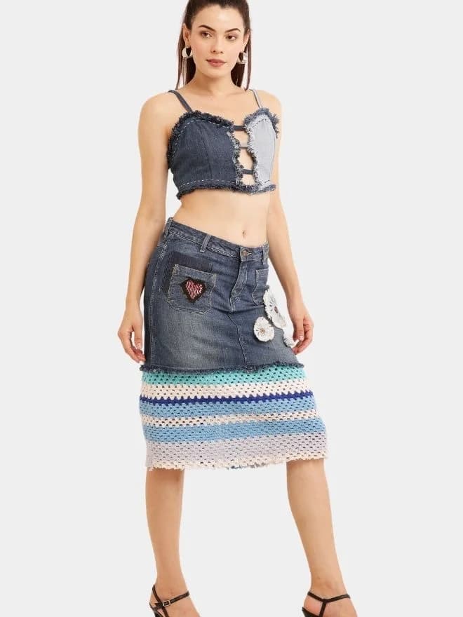 Distressed Heart Denim Top & Crochet Patchwork Skirt Set thumbnail 3