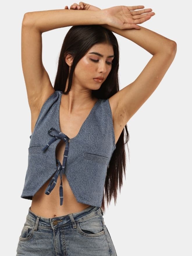 Denim Tie-Front Crop Top — image 1 of 9