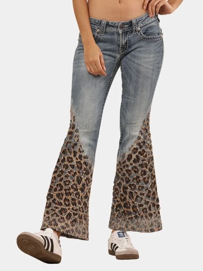 Denim Leopard Flare Jeans — image 1 of 15