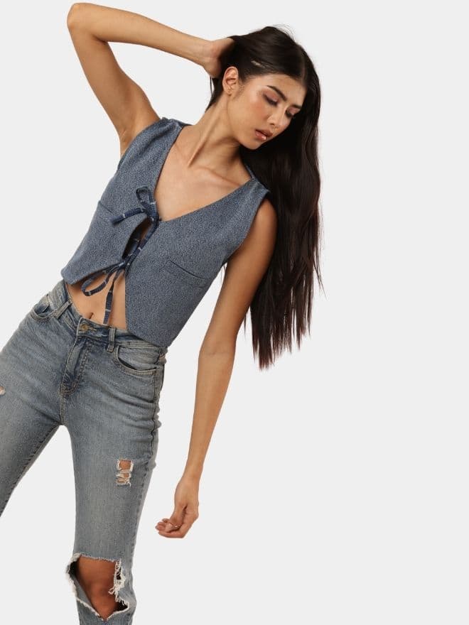 Denim Tie-Front Crop Top thumbnail 3