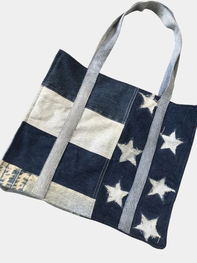 American Flag Patchwork Denim Tote Bag thumbnail 3