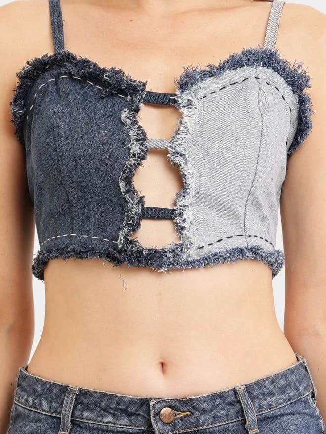 Distressed Heart Denim Top & Crochet Patchwork Skirt Set thumbnail 4