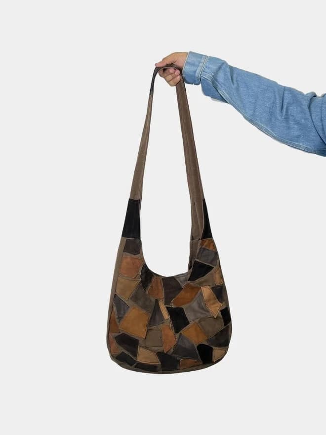 Earth-Tone Patchwork Vintage Fabric Tote Bag thumbnail 3