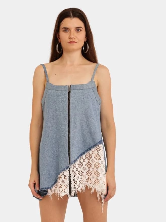 Denim & White Net Rework Dress with Front Zipper thumbnail 3