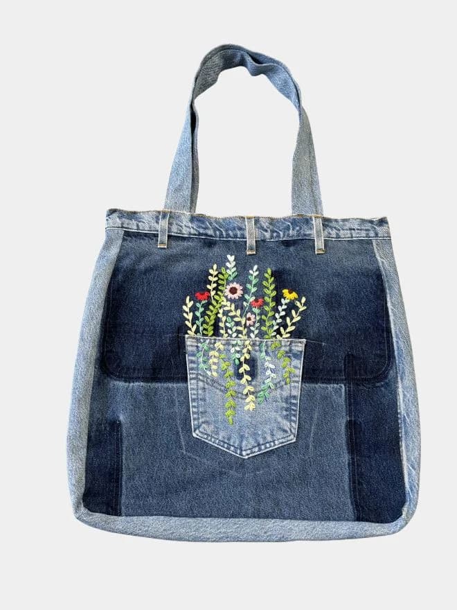 Eco-Stitch Floral Hand-Embroidered Denim Bag — image 1 of 2