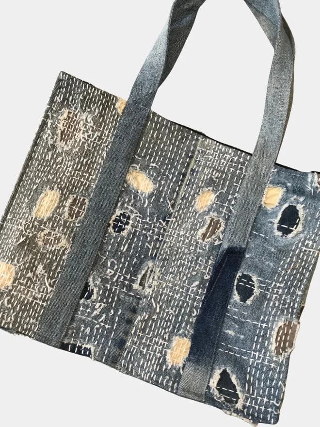 Japanese Boro Style Denim Patchwork Tote Bag thumbnail 2