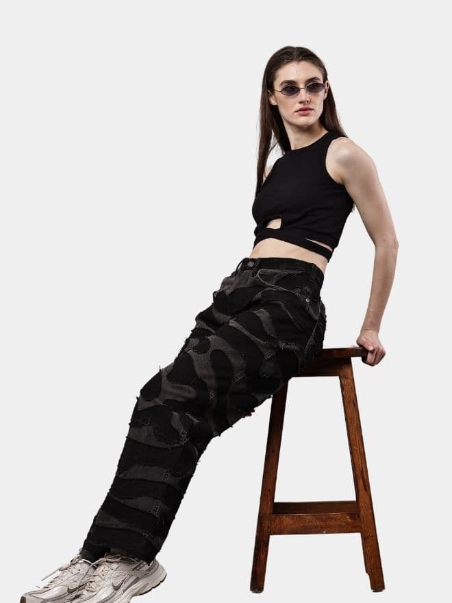 Black Denim Pants – Wavy Overlay Design thumbnail 4