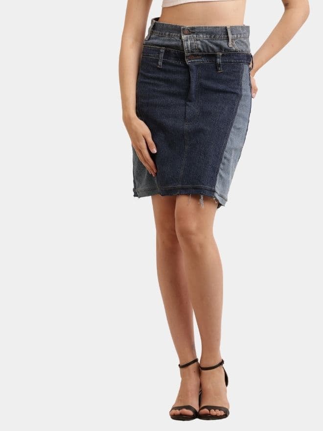 Two-Tone Reworked Denim Skirt — image 1 of 9