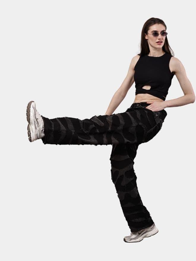 Black Denim Pants – Wavy Overlay Design thumbnail 3