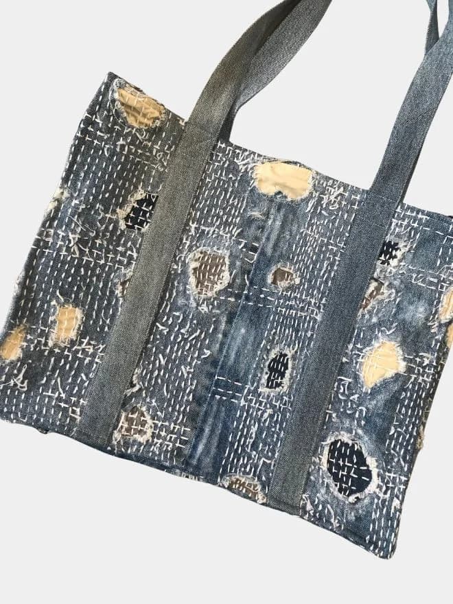 Japanese Boro Style Denim Patchwork Tote Bag thumbnail 3