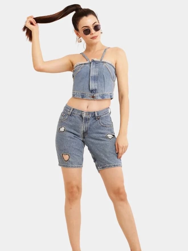 Rhinestone Reworked Denim Top & Heart Cut-Out Shorts Set — image 1 of 3