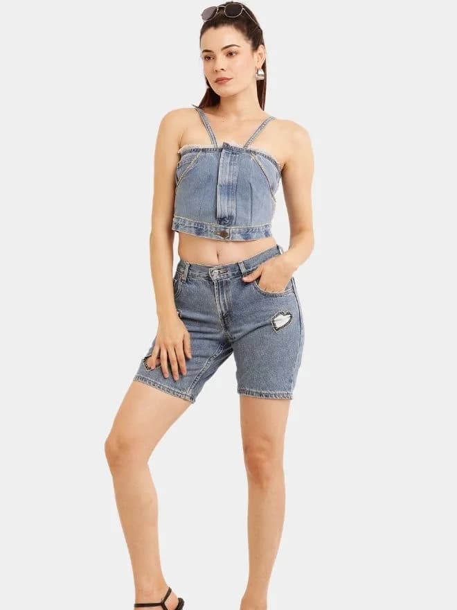 Rhinestone Reworked Denim Top & Heart Cut-Out Shorts Set thumbnail 3