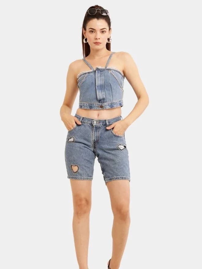 Rhinestone Reworked Denim Top & Heart Cut-Out Shorts Set thumbnail 2