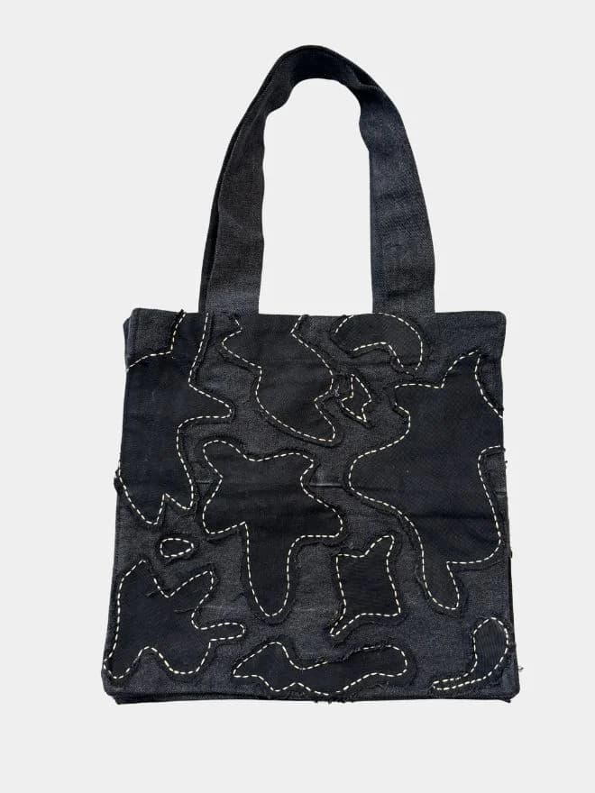 Eco-Noir Abstract Patchwork Denim Tote Bag thumbnail 2