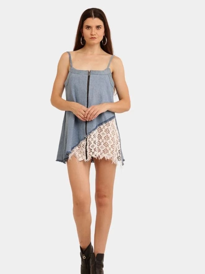 Denim & White Net Rework Dress with Front Zipper — image 1 of 16