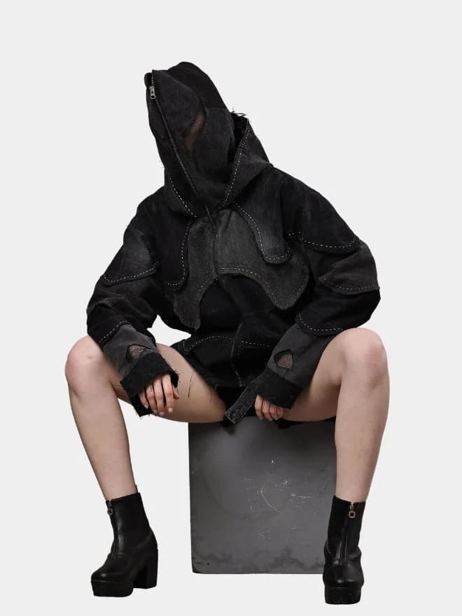 Double Hood Black Denim Jacket – Full Head Zip Mask Jacket thumbnail 2