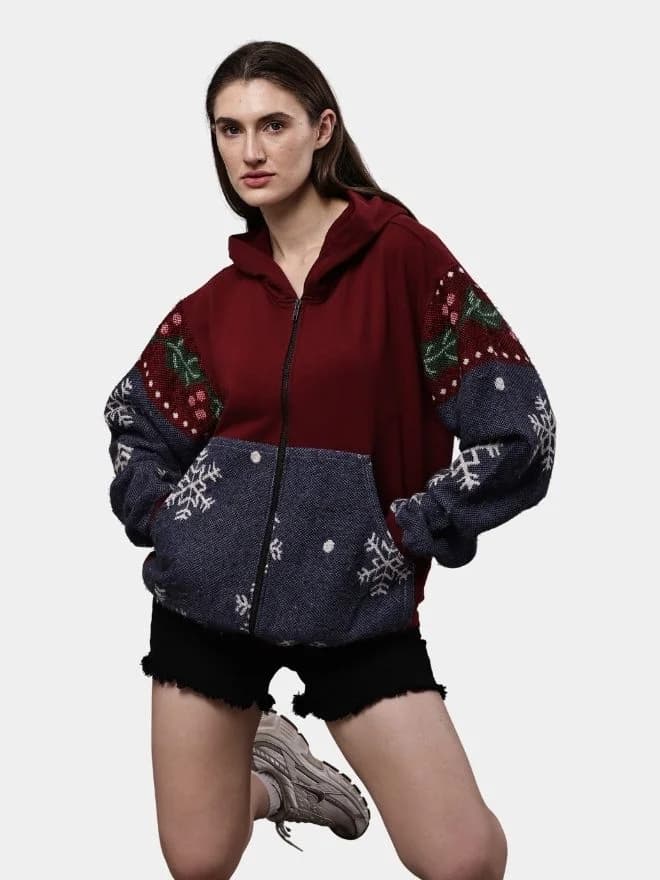 Red Tapestry Zip Hoodie – Cotton Hoodie with Tapestry Panel Work — image 1 of 13