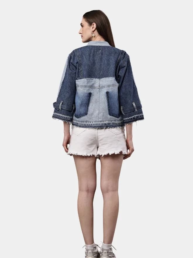 Two Tone Blue Reworked Denim Jacket with Utility Pockets thumbnail 2