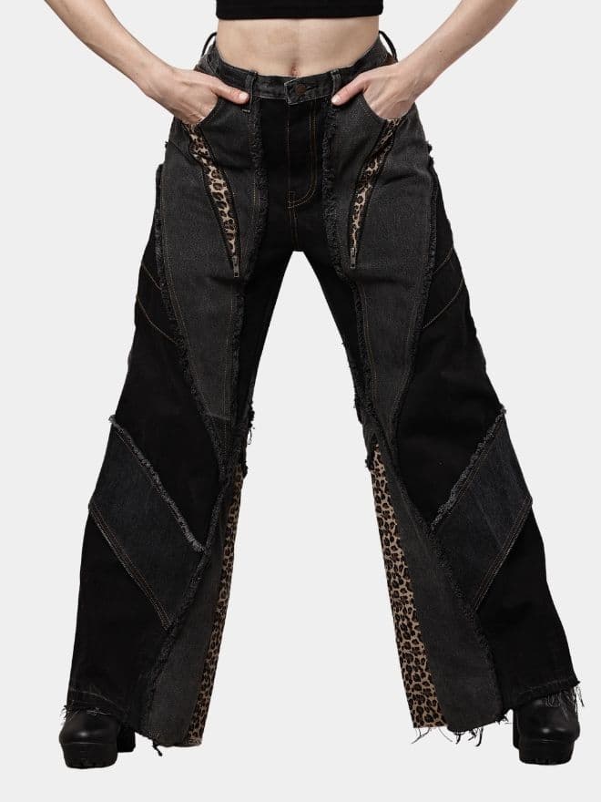 Distressed Leopard Patchwork Barrel Denim Pants — image 1 of 13