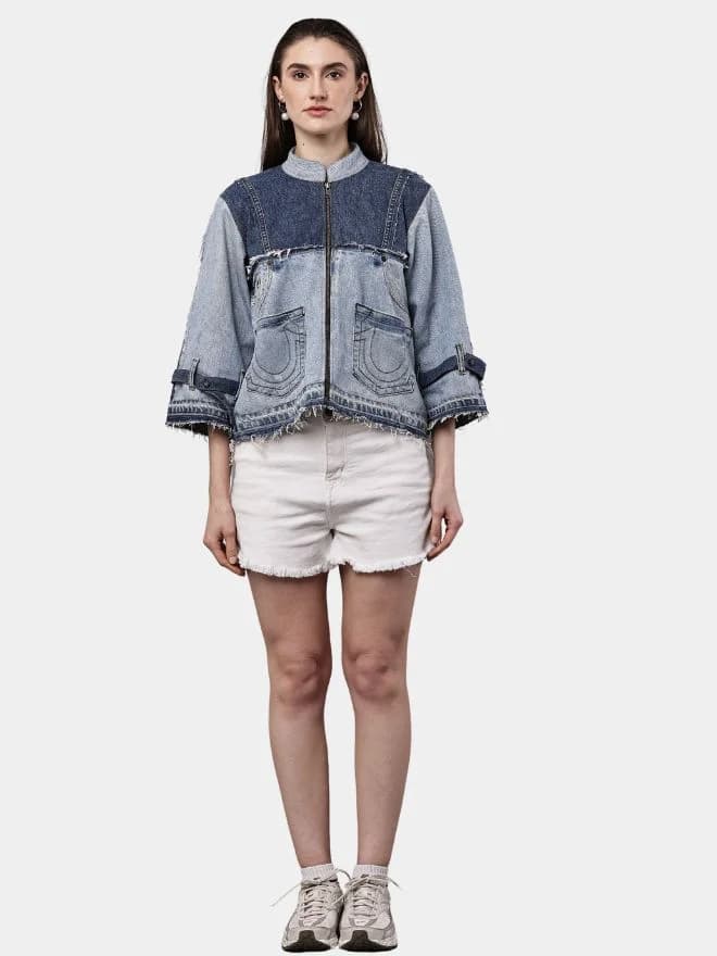 Two Tone Blue Reworked Denim Jacket with Utility Pockets thumbnail 3