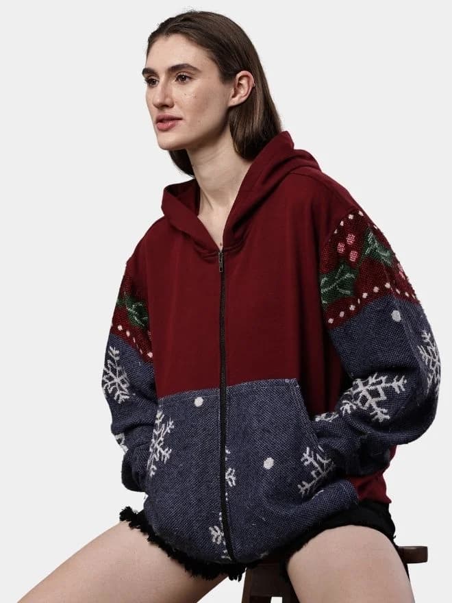 Red Tapestry Zip Hoodie – Cotton Hoodie with Tapestry Panel Work thumbnail 4
