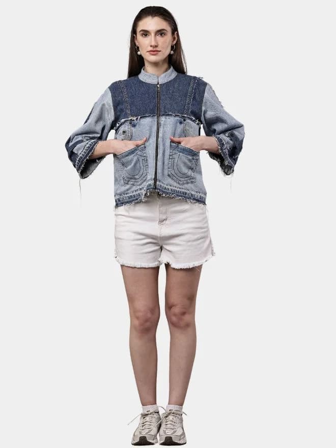 Two Tone Blue Reworked Denim Jacket with Utility Pockets thumbnail 4