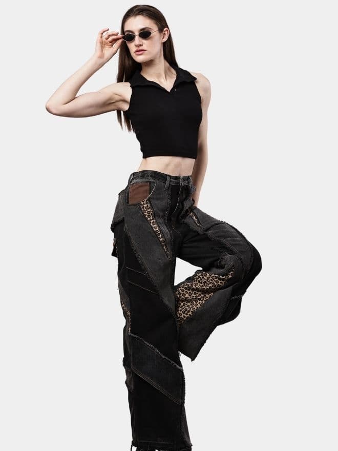 Distressed Leopard Patchwork Barrel Denim Pants thumbnail 4