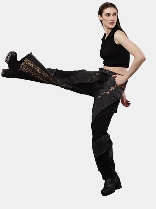 Distressed Leopard Patchwork Barrel Denim Pants thumbnail 3