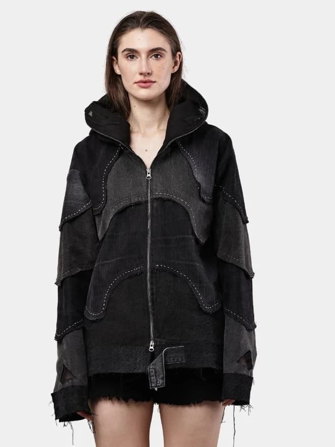 Double Hood Black Denim Jacket – Full Head Zip Mask Jacket thumbnail 4