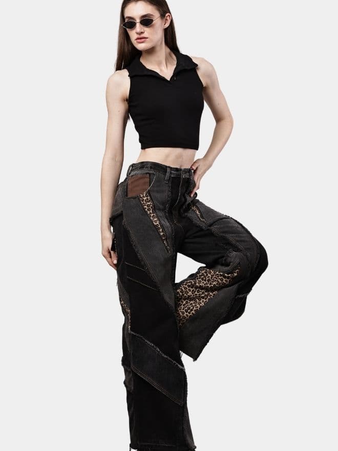 Distressed Leopard Patchwork Barrel Denim Pants thumbnail 2