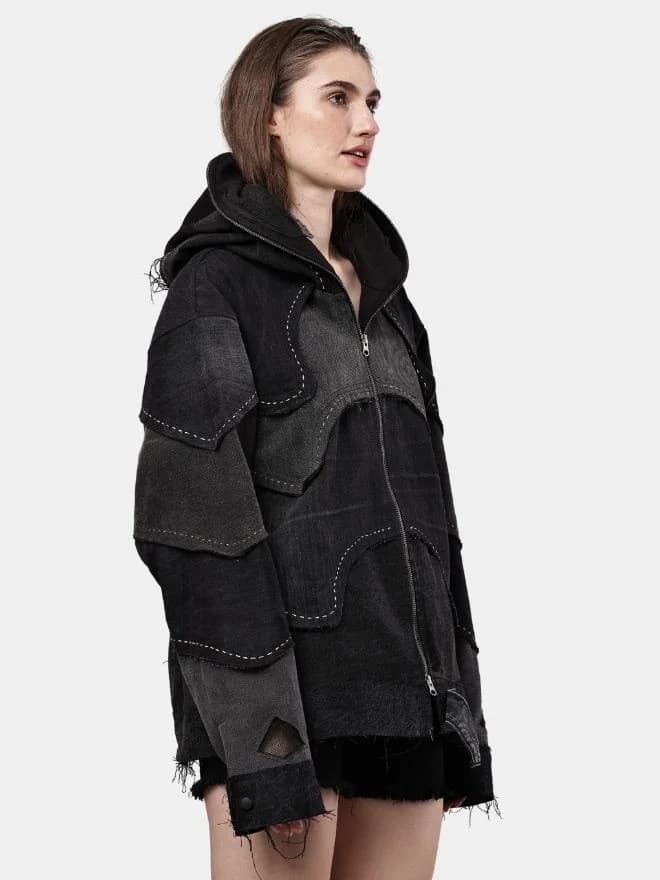 Double Hood Black Denim Jacket – Full Head Zip Mask Jacket thumbnail 3