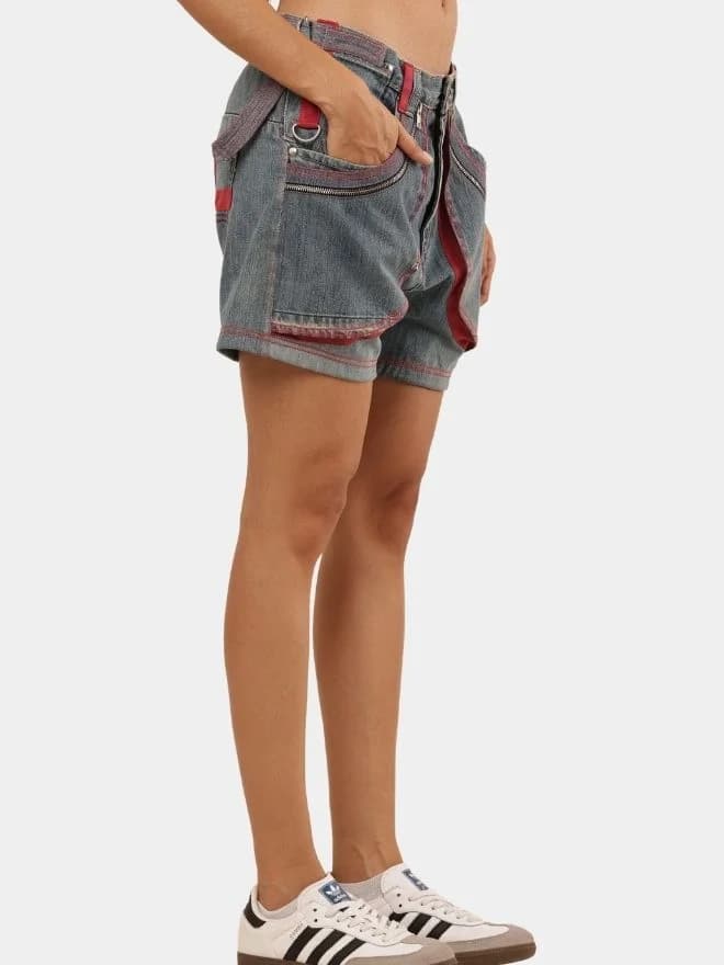 Vintage Denim Panel Shorts with Red Stitch Detail thumbnail 2