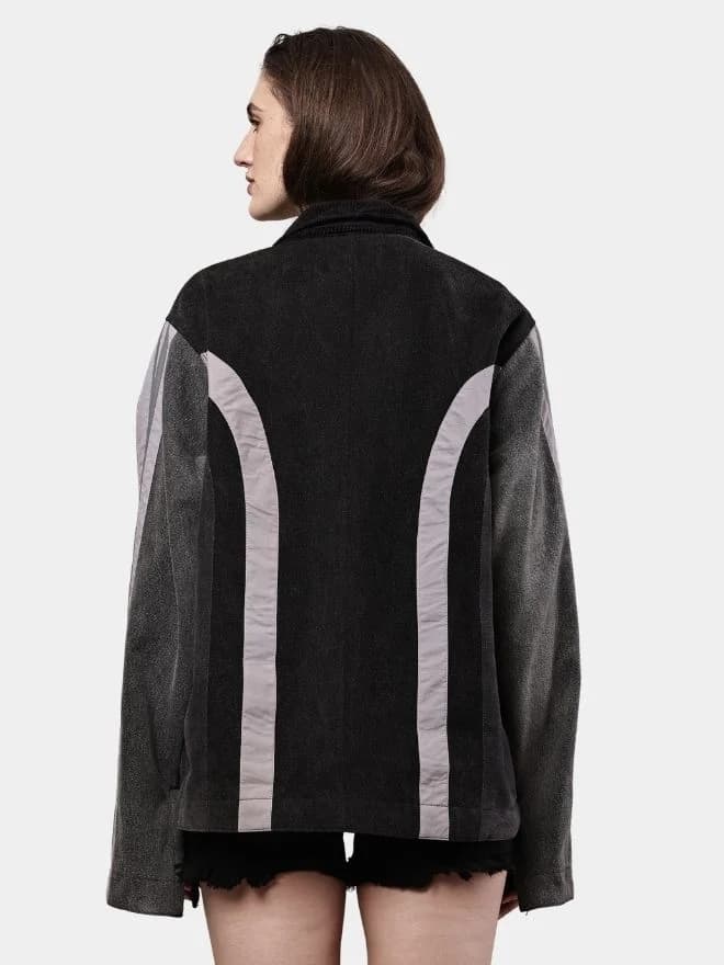 Two-Tone Black Denim Jacket with Grey Stripe Panels thumbnail 2