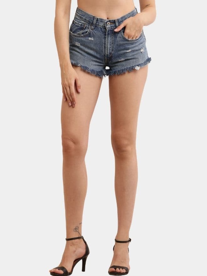 Distressed Hem Blue Denim Shorts — image 1 of 10