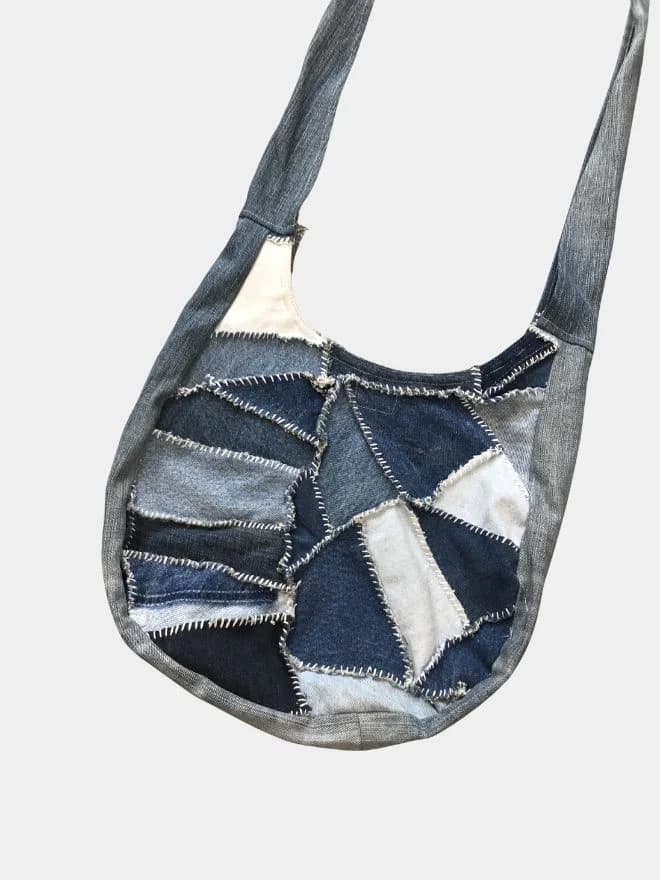 Denim Patchwork Tote Bag with White Stitch thumbnail 2