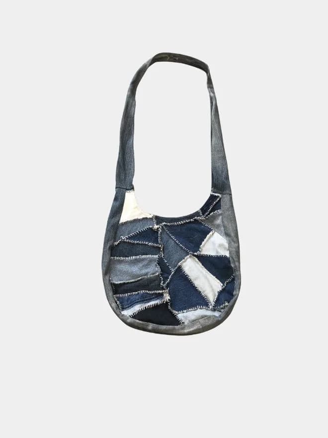 Denim Patchwork Tote Bag with White Stitch — image 1 of 2