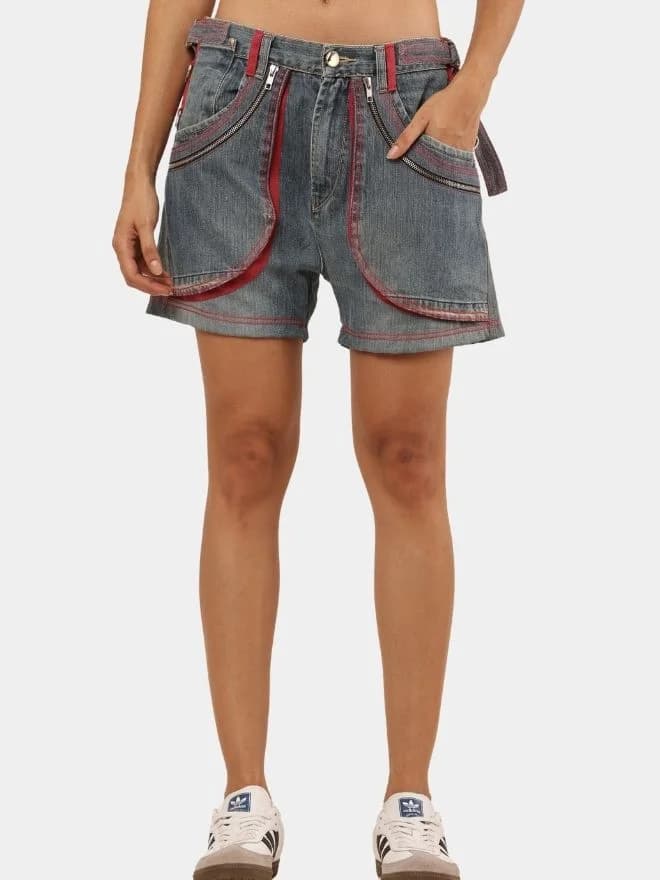 Vintage Denim Panel Shorts with Red Stitch Detail — image 1 of 8