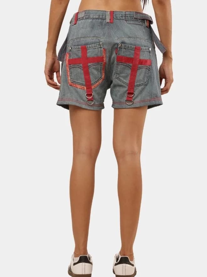 Vintage Denim Panel Shorts with Red Stitch Detail thumbnail 4