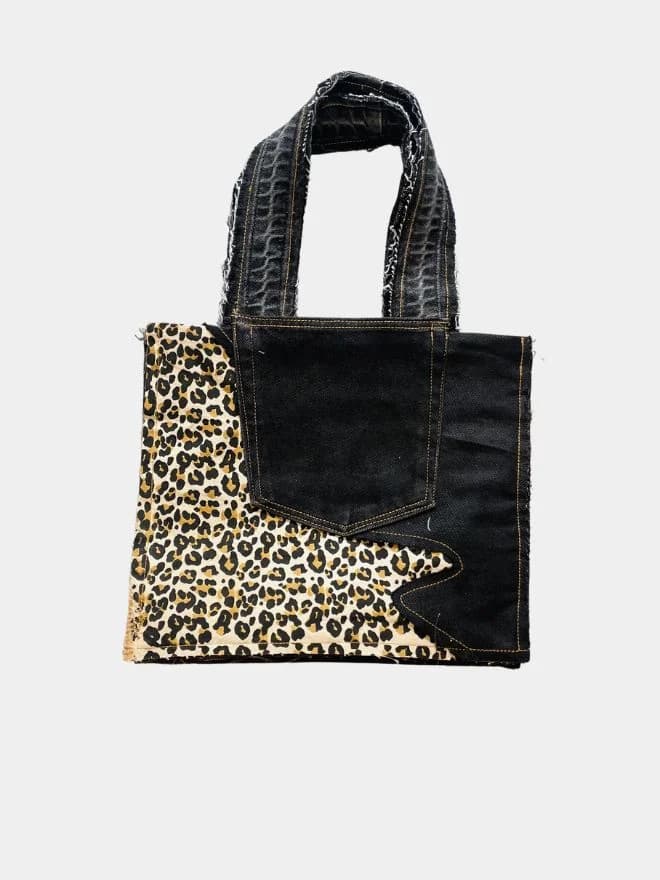 Black & Cheetah Print Upcycled Fabric Tote Bag thumbnail 2