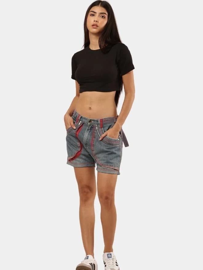 Vintage Denim Panel Shorts with Red Stitch Detail thumbnail 3