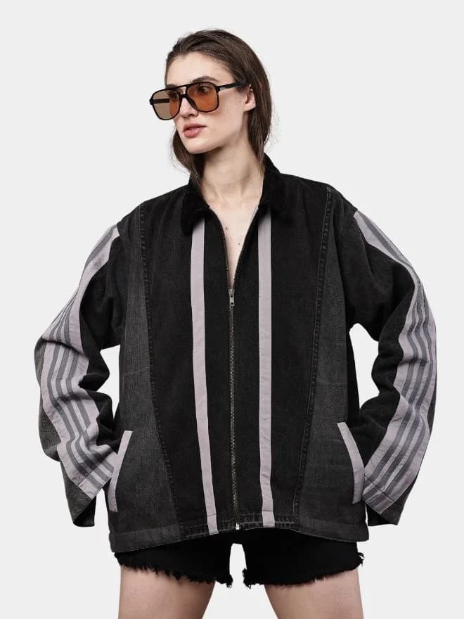 Two-Tone Black Denim Jacket with Grey Stripe Panels thumbnail 4