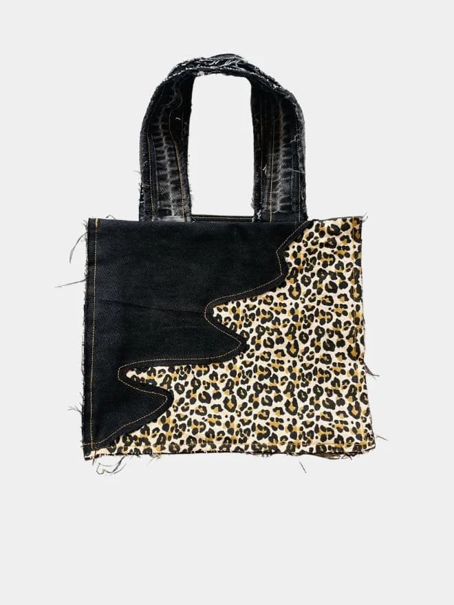 Black & Cheetah Print Upcycled Fabric Tote Bag thumbnail 3