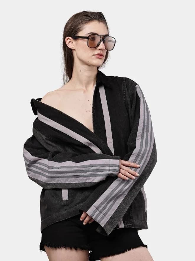 Two-Tone Black Denim Jacket with Grey Stripe Panels thumbnail 3