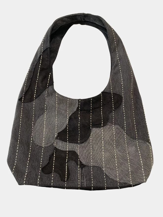 Monochrome Patchwork Running-Stitch Tote Bag thumbnail 2
