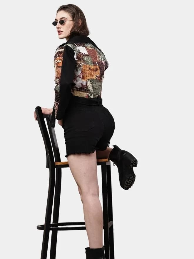 Satin Handkerchief Patchwork Denim Jacket thumbnail 3